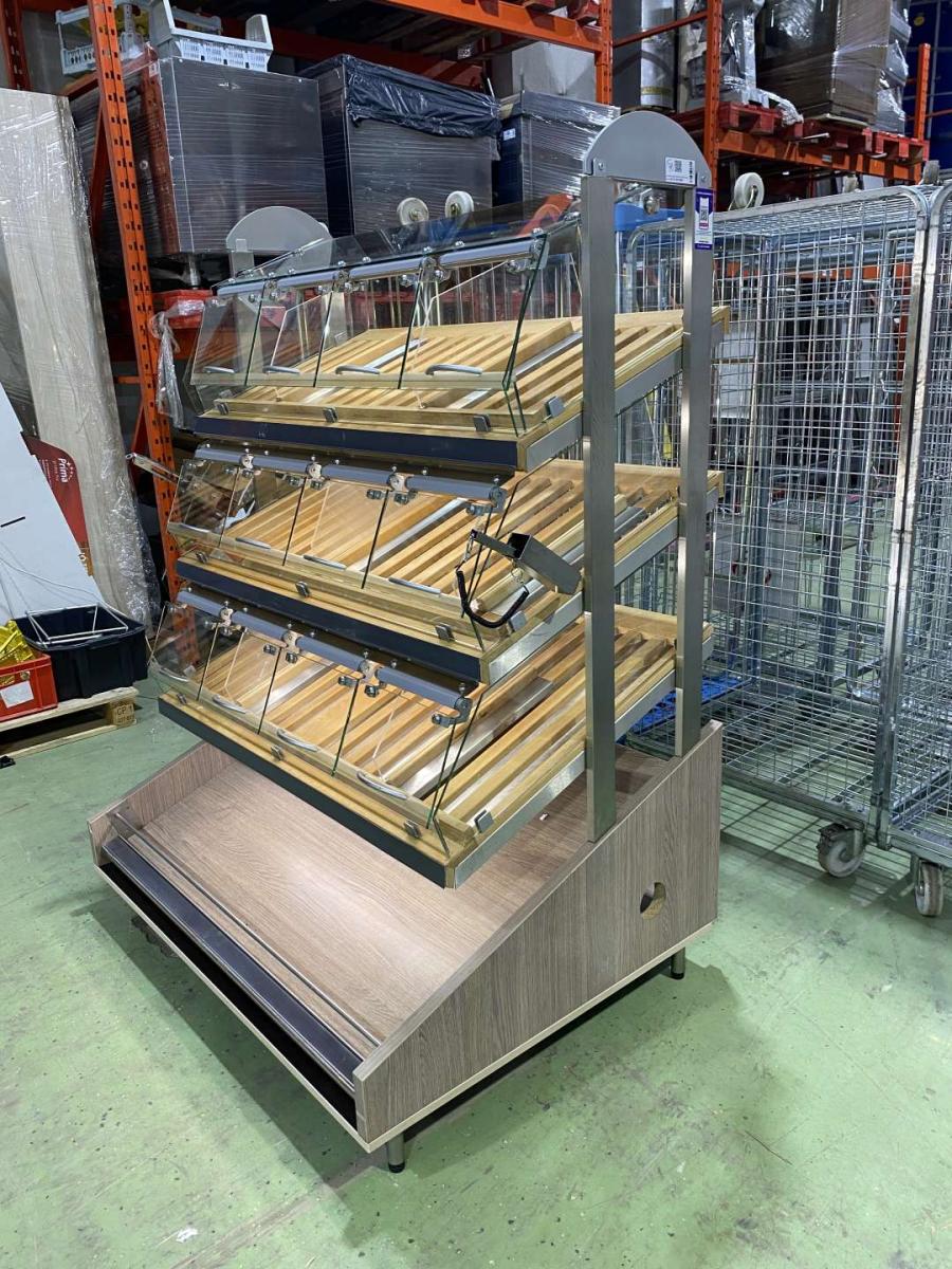 Pékárus állvány, önkiszolgáló, leheletvédős 125*93,5*172 – termékfotó jobb oldalról