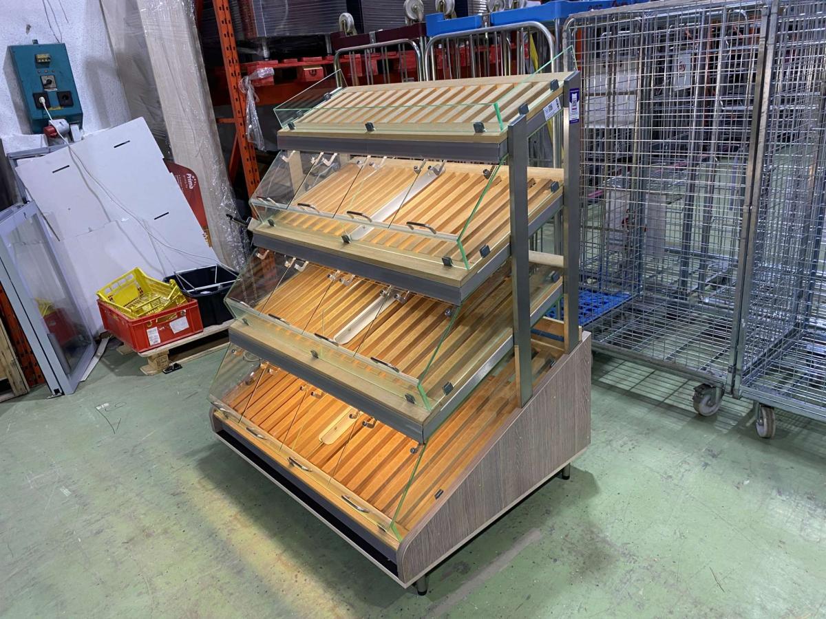 Pékárus állvány, önkiszolgáló, leheletvédős 125*93,5*152 – termékfotó jobb oldalról